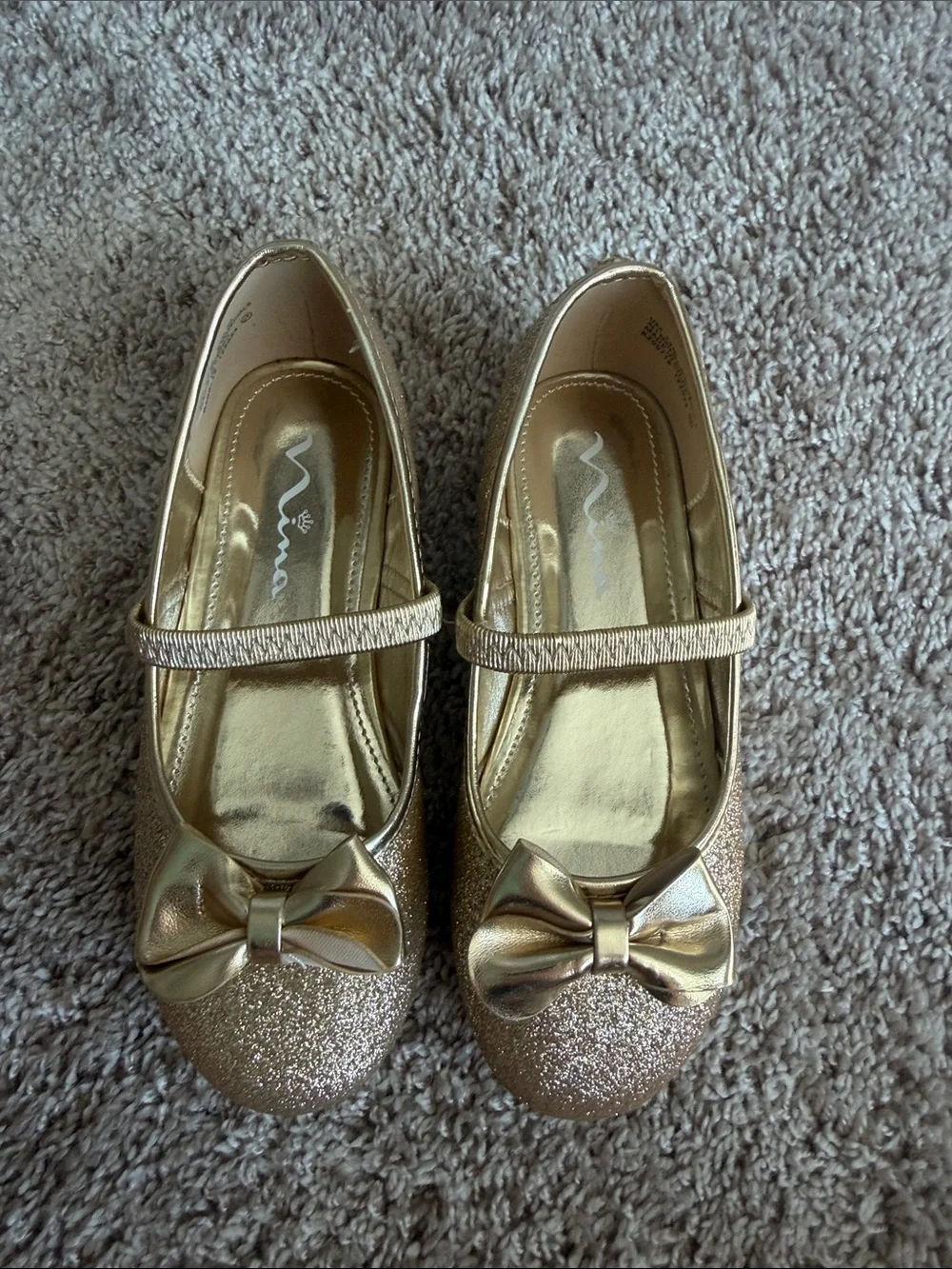 Nina Girls Gold Glitter Mary Jane Flats with Bow